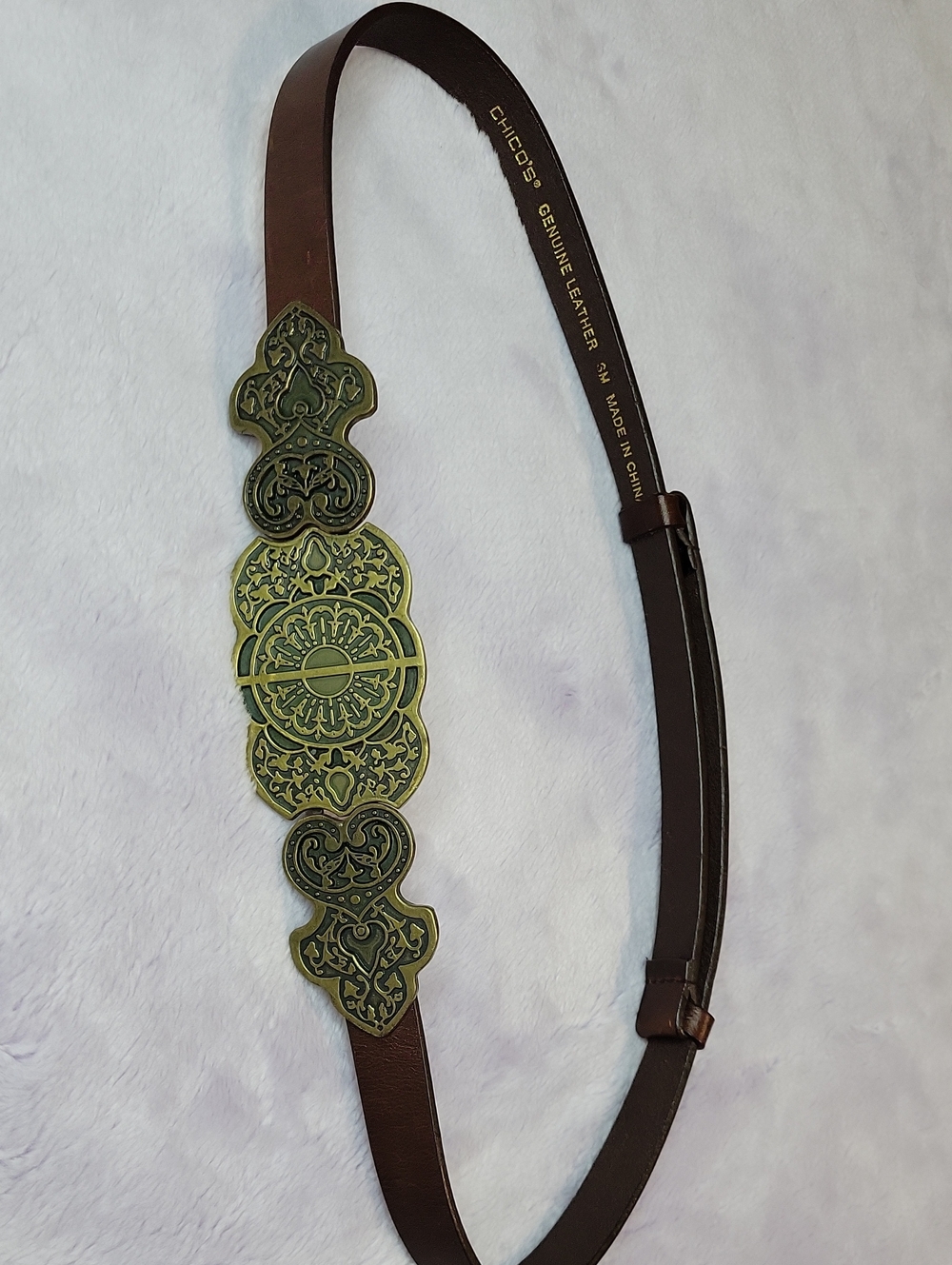 Chico's Brown Leather Belt with Ornate Gold-Tone Medallion Panel